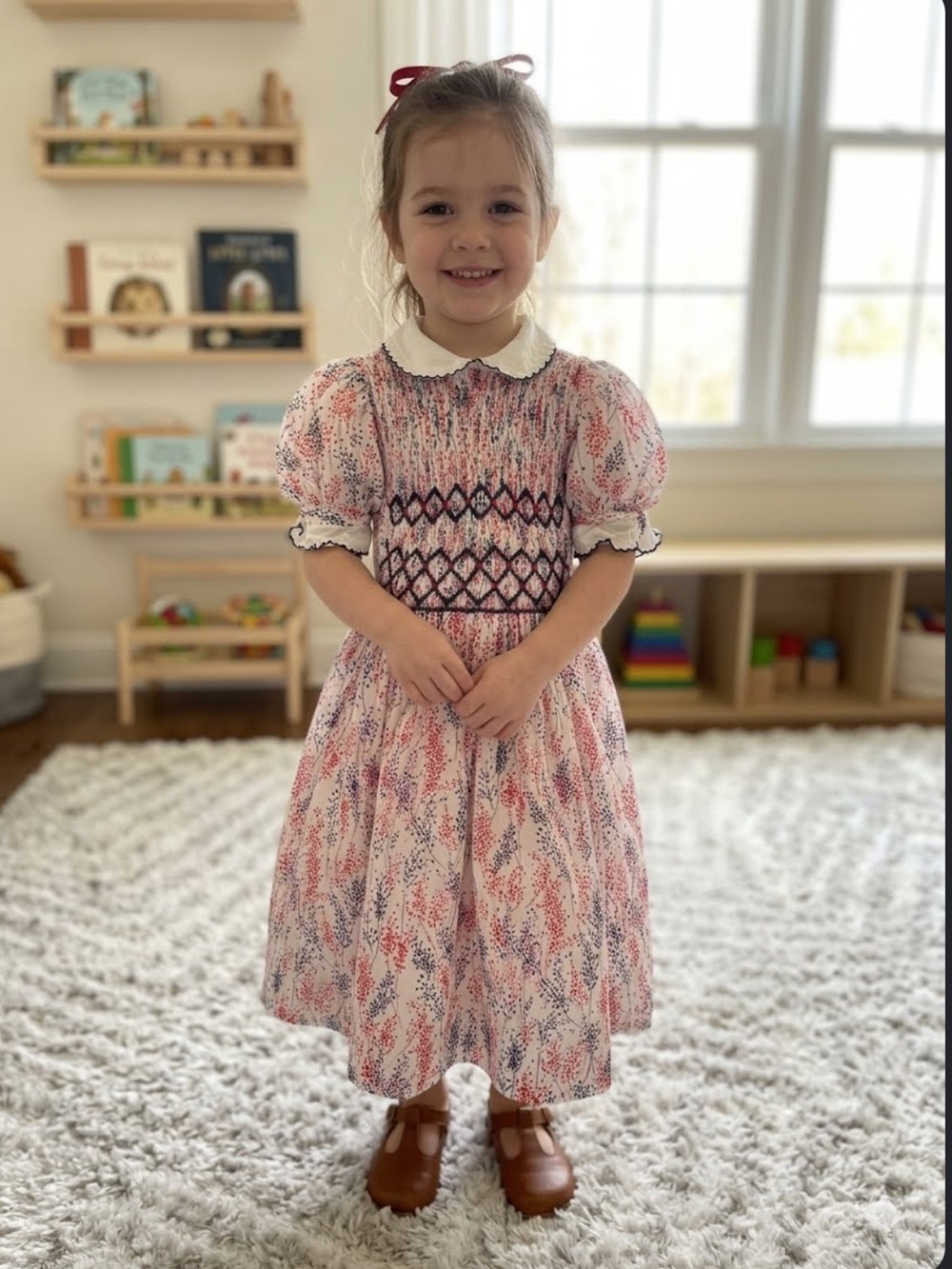 5-6T Vtg Russella Girls Floral Smocked Dress with Peter Pan Collar Pink & Navy